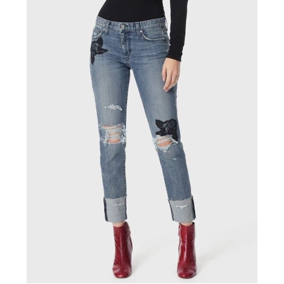 Joe's The Smith Straight Ankle Jeans Blue Denim Applique Ripped Size 27 - Picture 2 of 14